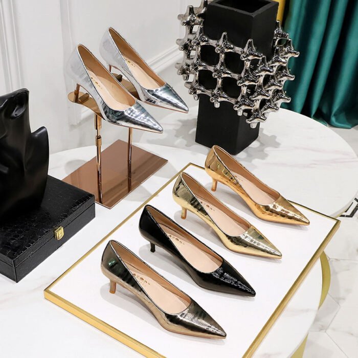 BIGTREE SHOES 1961-17 European and American Style Metallic Embossed Stiletto Heel [High Heel] Low Mouth Pointed-Toe Retro Women's Shoes for Banquet Spring and Autumn - Image 1