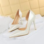 1363-A2 Korean fashion slim banquet fine heel high heel shallow pointed side hollow patent leather women's shoes single shoes high - Image 11