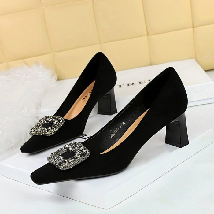 Bigtree Shoes 6186-k83 European and American Banquet Women's Shoes All-Match High Heel Chunky Heel Suede Square Toe Metal Rhinestone Buckle Single-Layer Shoes - Image 1