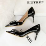 BIG TREE SHOES 638-Ah23 European and American Style Banquet High Heels Stiletto Heel Shallow Mouth Pointed Patent Leather Side Hollow Rhinestone Bow Pumps - Image 4