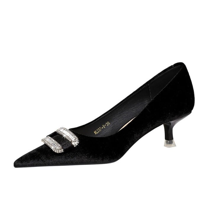 BIGTREE SHOES 237-K76 European and American Banquet Women's Shoes Middle Heel Fine Heel Thick Suede Shallow Mouth Pointed-Toe Metal Rhinestone Buckle Women's Shoes - Image 5