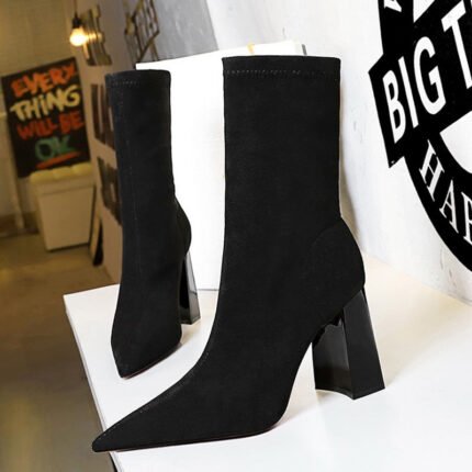 318-8Women's high heel boots suede thick heel ankle boots-Bigtree shoes