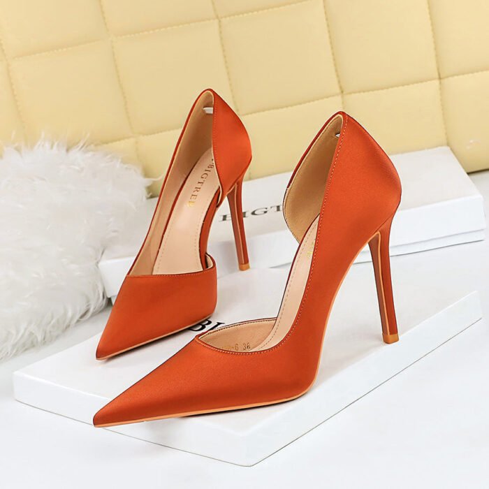 BIG TREE Shoes 18188-6 European and American Style Super High Heel Stiletto Satin Shallow Mouth Pointed Side Hollow Thin High Heels Women's Thin Shoes - Image 1