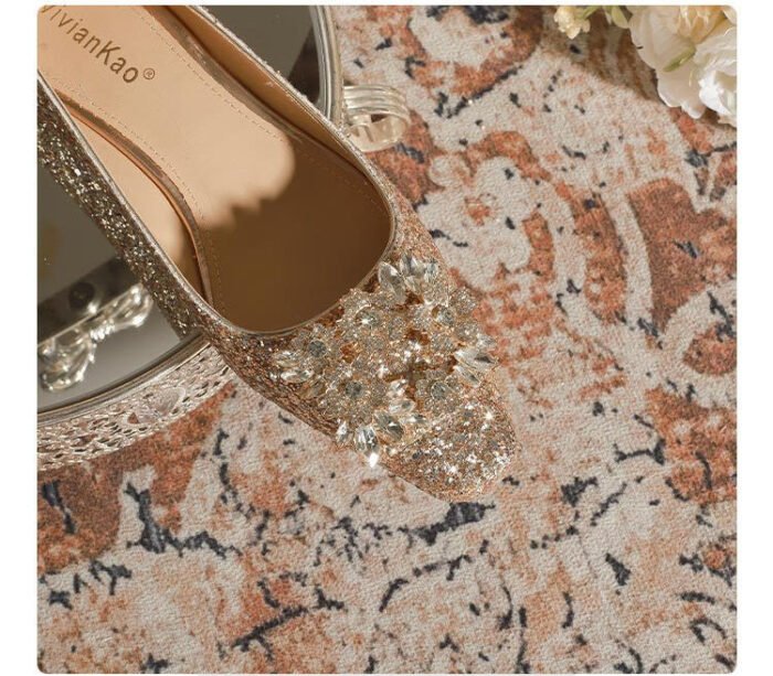 A29-6 French Square Head Gold Flat 2cm Low Heel High-Grade Rhinestone Bridesmaid Shoes Women - Image 6