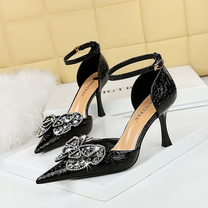 BIGTREE SHOES 8323-H23 European and American Banquet Women's Shoes High Heel Low-Cut Pointed-Toe Hollowed Strap Hollow-out Rhinestone Bow Sandals - Image 1