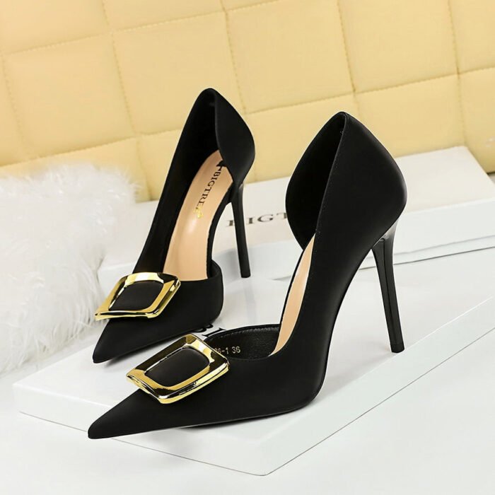 BIG TREE SHOES 626-K7 European and American Style High Heel Stiletto Heel Banquet Women's Shoes Ultra High Heel Shallow Mouth Pointed Side Hollow Metal Buckle Pumps - Image 4