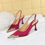 BIG TREE SHOES 3716-5 European and American Banquet Women's Shoes Stiletto Heel Shallow Mouth Metal Pointed Toe Satin Hollow Back Strap Pumps - Image 2