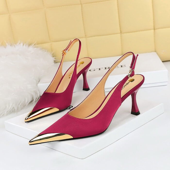 BIG TREE SHOES 3716-5 European and American Sexy Banquet Women's Shoes Stiletto Heel Shallow Mouth Metal Pointed Toe Satin Hollow Back Strap Pumps - Image 2