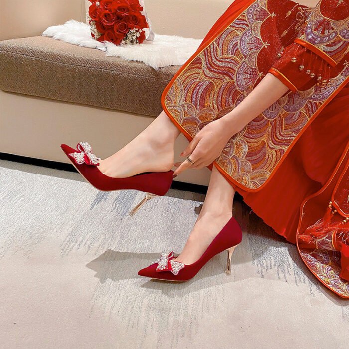 Runnig heels C888-17 Red Wedding Shoes Pointed Toe Bridal Shoes Versatile Wedding Dress Women's Butterfly High Heels - Image 4