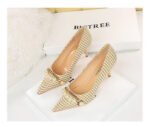 9283-A1 European and American thin-heeled high-heeled shallow-pointed cloth plaid houndstooth metal chain pearl shoes - Image 13