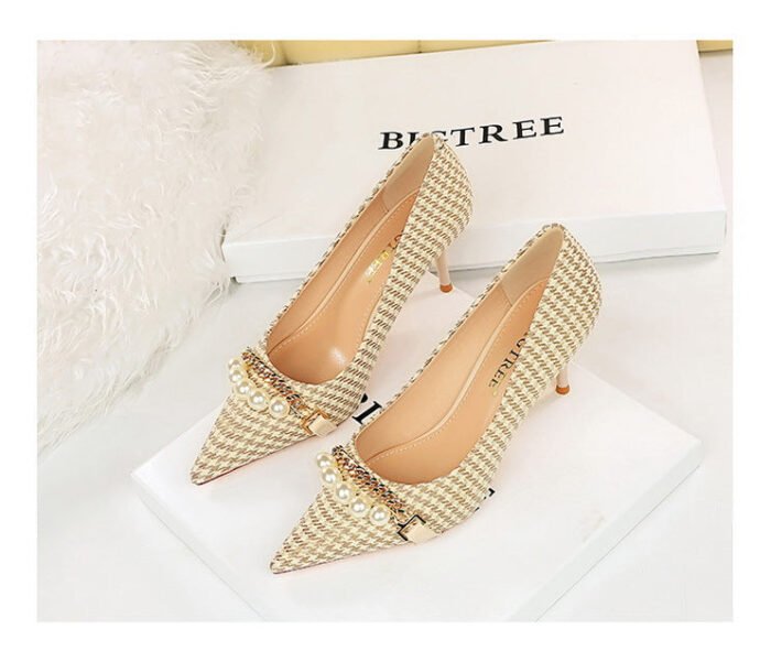 9283-A1 European and American thin-heeled high-heeled shallow-pointed cloth plaid houndstooth metal chain pearl shoes - Image 13