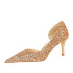 8829-A3 European and American Style Thinner Series Heel High Heel Low-Cut Pointed Side Hollow Sparkle Sequins Pumps - Image 5
