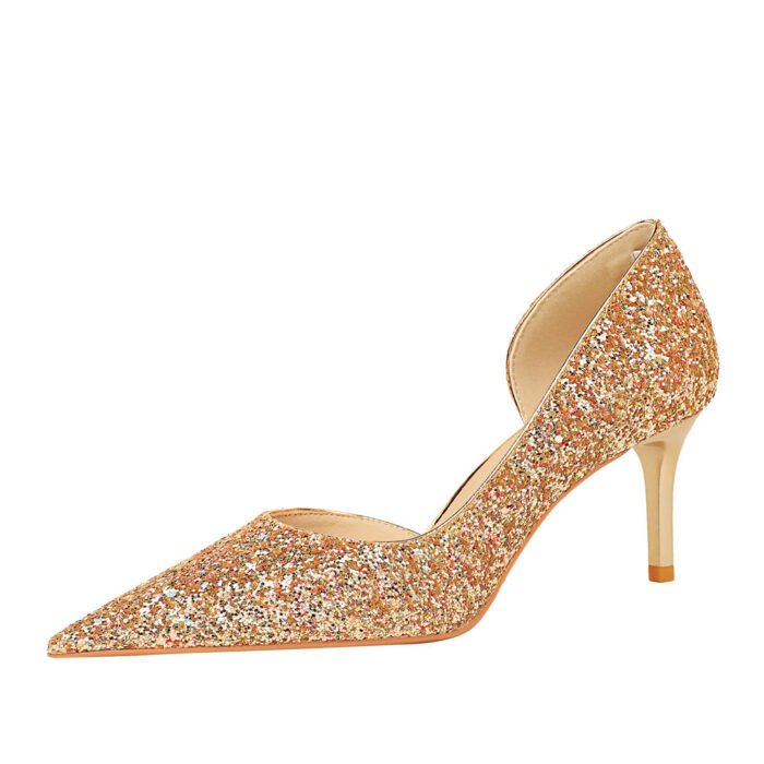 8829-A3 European and American Style Sexy Nightclubs Thinner Series Heel High Heel Low-Cut Pointed Side Hollow Sparkle Sequins Pumps - Image 5