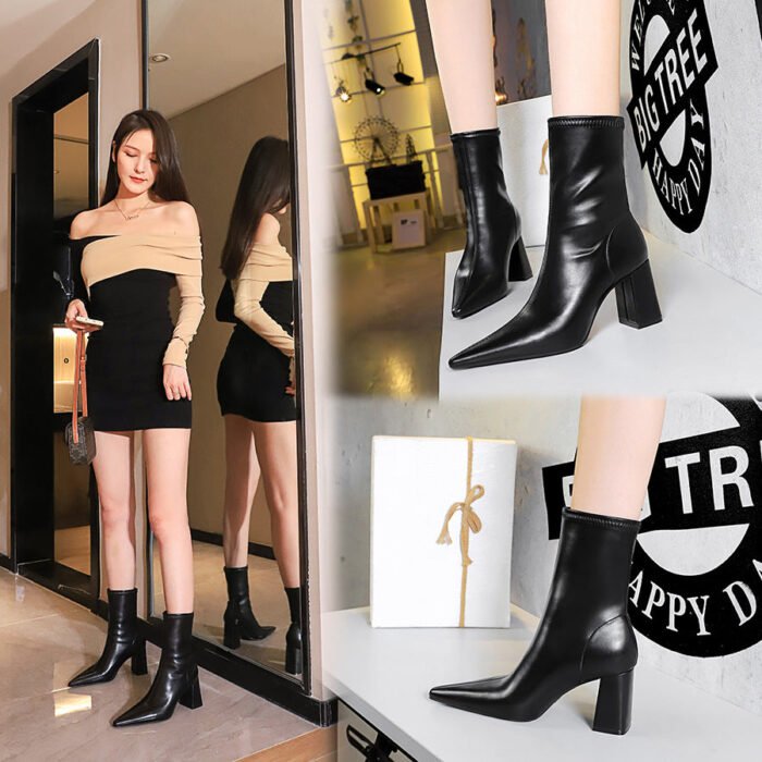 BIG TREE SHOES 6838-2 European and American Style Fashionable Simple Sexy Nightclubs Thinner Chunky Heel High Heel Pointed Toe Winter Skinny Boots Women's Ankle Boots - Image 3