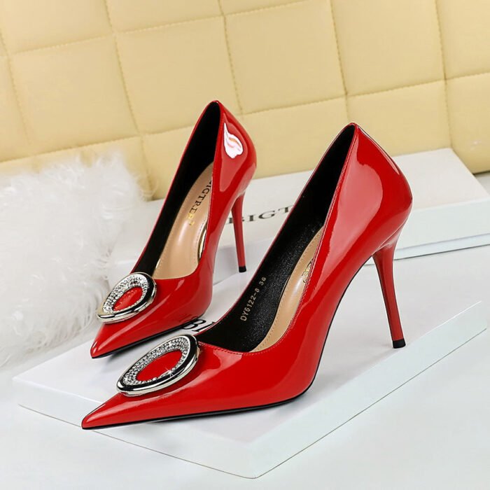 Bigtree Shoes 6122-K61 European and American Style High Heels Women's Shoes Stiletto Heel Shiny Patent Leather Shallow Mouth Pointed-Toe Metal Rhinestone Buckle Women's Shoes - Image 1