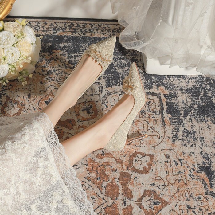 840-7 Stick Pearl Crystal Flower Wedding Shoes Xiuhe Wedding Dress Two-Way Wear Niche Not Tired Feet Stiletto Heel Bride Pumps Women - Image 3