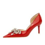BIG TREE SHOES 638-Ah19 European and American Entry Lux Banquet Women's Shoes High Heel Stiletto Low Mouth Pointed Side Hollow Rhinestone Bow Pumps - Image 5