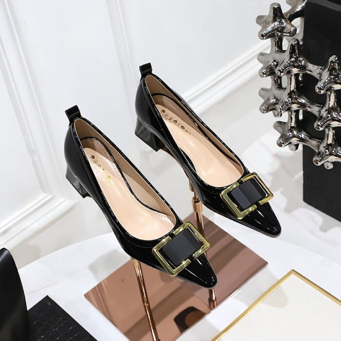 BIGTREE SHOES 1235-K57 European and American Commuters' Women's Shoes Mid Heel Chunky Heel Patent Leather Low-Cut Square Toe Metal Buckle Decoration Spring and Autumn Single-Layer Shoes - Image 5