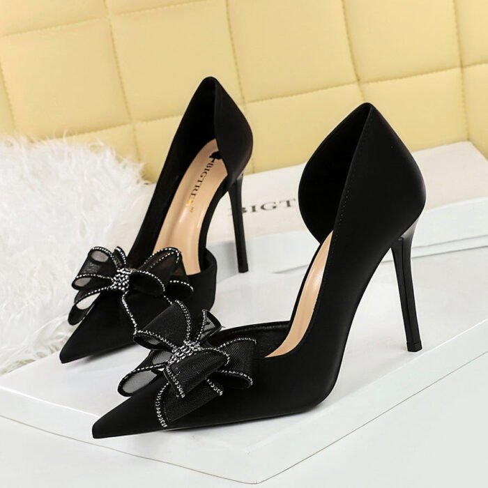 BIGTREE SHOES 626-H38 European and American Style High Heels Women's Shoes Stiletto Heel Shallow Mouth Pointed Toe Side Hollow Rhinestone Bow Pumps Wedding Shoes - Image 4