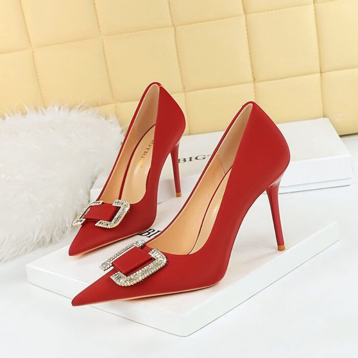 BIG TREE Shoes 3265-k6 European and American Style Fashion Banquet High Heels Stiletto Heel Shallow Mouth Pointed Toe Satin Metal Rhinestone Buckle Pumps Women - Image 2