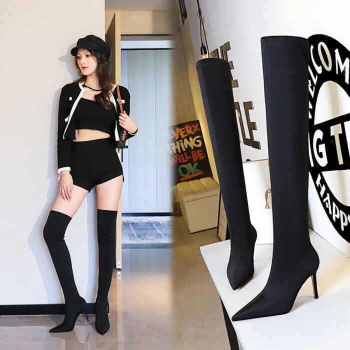 BIG TREE SHOES 315-A9 European and American Style Simple High Heel Pointed Elastic Lycra Sexy Nightclubs Thinner Pedicure Leg Repair over-the-Knee Boots - Image 2