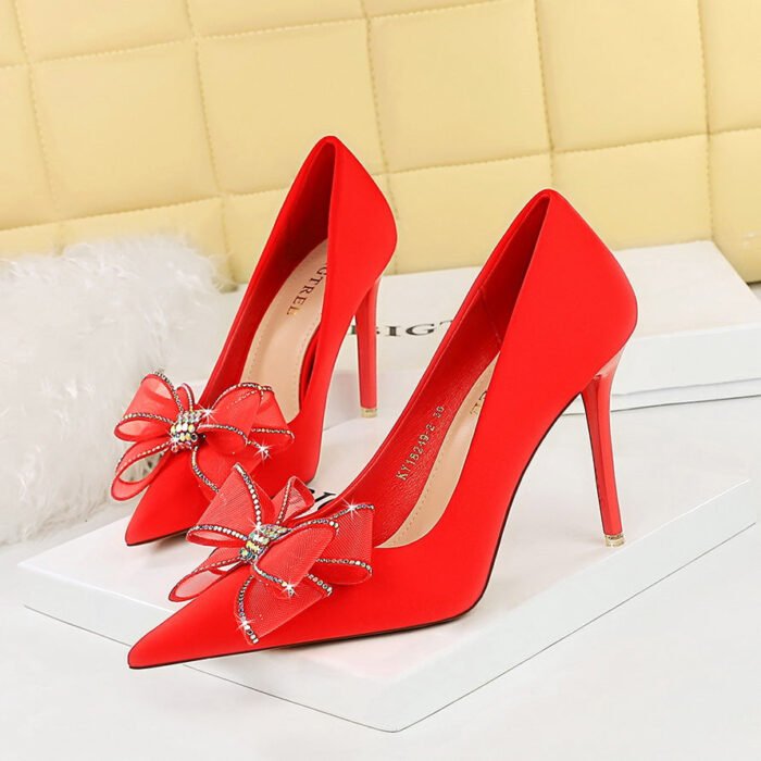 BIGTREE SHOES 18249-h38 European and American Style Banquet High Heels Stiletto Satin Shallow Mouth Pointed Toe Rhinestone Lace Bow Pumps - Image 2