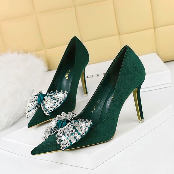 BIGTREE 516-h9 Korean Style Fashion Banquet High Heels Stiletto Suede Shallow Mouth Pointed Toe Rhinestone Bow Pumps Women's Shoes - Image 1
