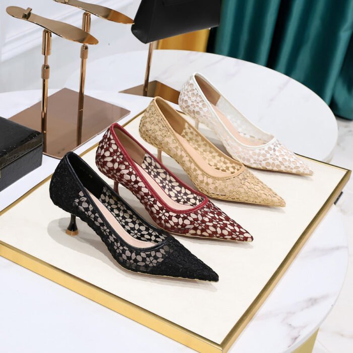 1961-5 European and American Style Fashion Banquet Women's Shoes Stiletto Mid-Heel Pointed Pointed Mesh Lace Sexy Slimming Pumps - Image 2