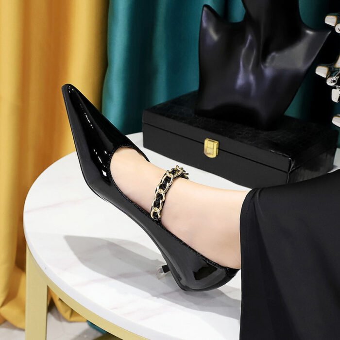 BIGTREE SHOES 237-22 European and American Style Banquet Women's Shoes Mid Heel Shiny Patent Leather Low Mouth Pointed-Toe Metal Chain Ankle-Strap Shoes Women - Image 1