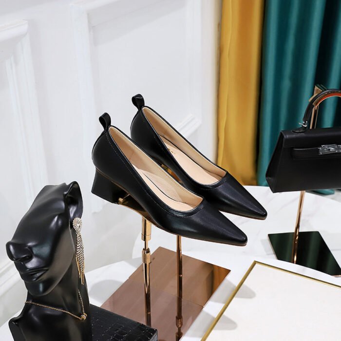 1235-2 Korean Fashion Simple Thick Heel All-Match Kitten Heels Shallow Mouth Pointed Business Ol Office Worker Women's Thin Shoes - Image 3