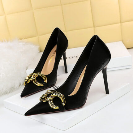 7239-1 European And American Fashion Slim Thin-heeled Super High-heeled Women's Shoes Shallow Pointed Big Metal Buckle Shoes