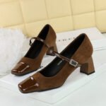 BIGTREE SHOES 5296 Korean Style Stylish Women's Shoes Chunky Heel Mid-Heel Low-Cut Stitching Square Toe Strap Rhinestone Buckle Pumps Mary Jane Shoes - Image 2