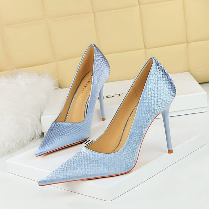 BIG TREE SHOES 3739-3 Korean Style Fashion Banquet High Heels Skinny Stilettos Super High Heel Scale Grain Satin Low-Cut Pointed-Toe Shoes - Image 3