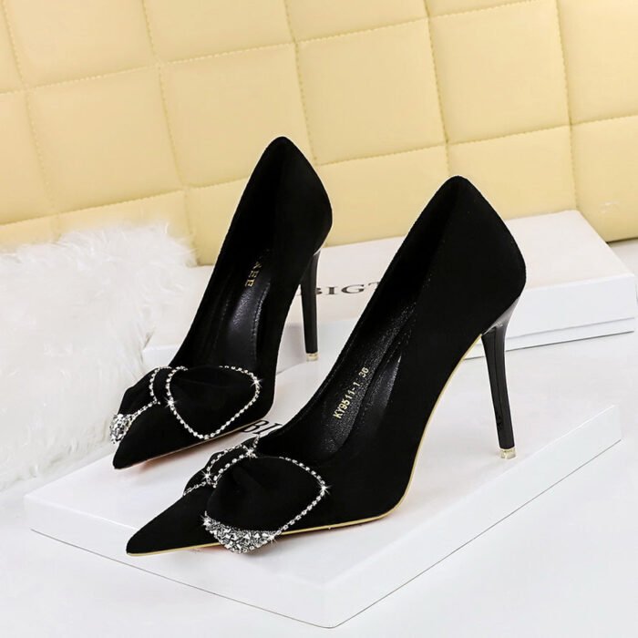 BIGTREE SHOES 9511-h31 Light Luxury Banquet High Heels Stiletto Suede Shallow Mouth Pointed Toe Rhinestone Bow Super High Heel Shoes Women - Image 2