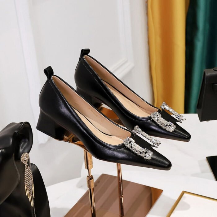 BIGTREE SHOES 1235-2k72 European and American Style Fashion Banquet Women's Shoes Comfortable Thick Heel Mid Heel Light Buckle Metal Rhinestone Buckle Women's Shoes - Image 1