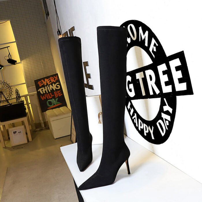 BIG TREE SHOES 315-a6 European and American Style Winter Fashion Simple Stiletto Heel Pointed Toe Slender Slimming Pedicure Suede over-the-Knee Boots - Image 3