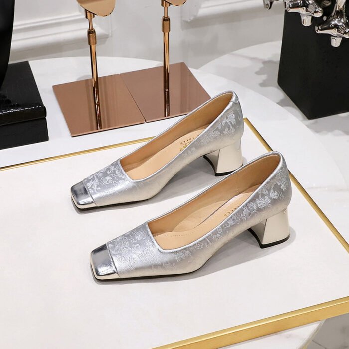 BIGTREE SHOES 5288-8 National Style Women's Shoes Entry Lux Elegant Thick Heel Mid-Heel Low-Cut Color Matching Square Head Embroidery Thread Satin Banquet Shoes Women - Image 1