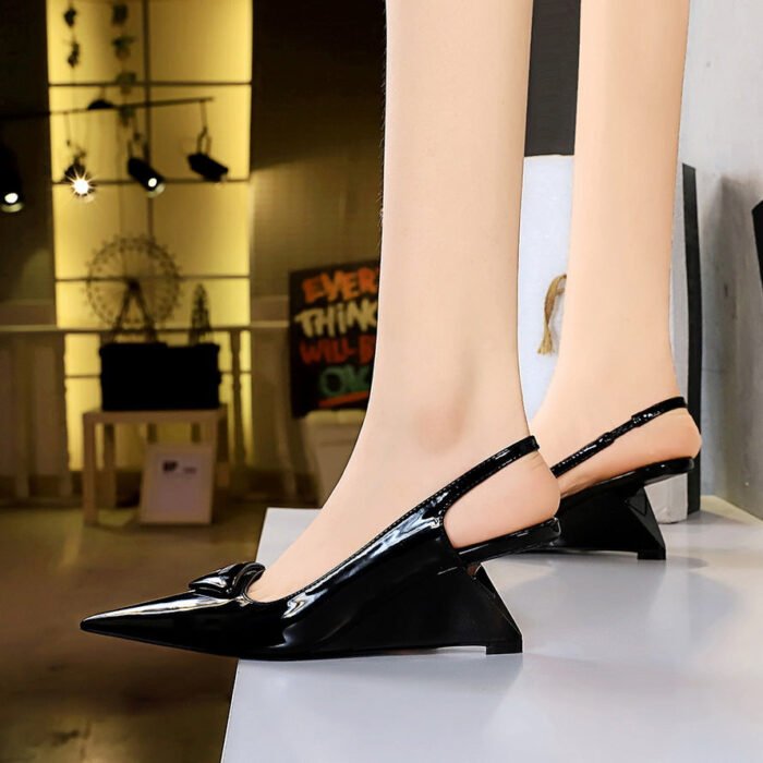 BIG TREE SHOES 1097-k27 Korean Style Fashion Patent Leather Shallow Mouth Pointed-Toe Hollowed Back Strap High Heel Wedge Shoes Women's Shoes High Heels - Image 2