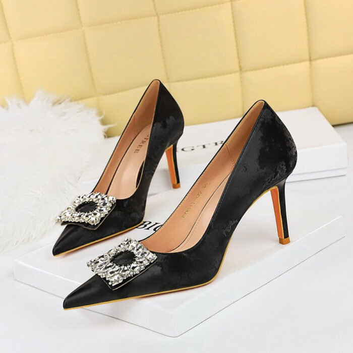 BIG TREE Shoes 18249-A5 European and American Style Banquet Pedicure Skinny Women's Shoes Stiletto Heel Shallow Mouth Pointed-Toe Metal Rhinestone Buckle Pumps - Image 3