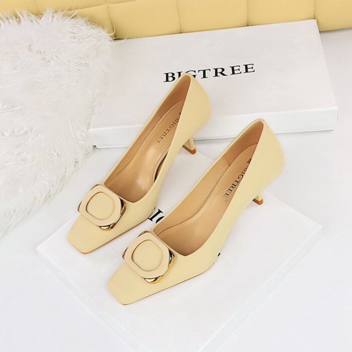 BIGTREE SHOES 6183-k22 European and American Spring and Autumn Banquet Women's Shoes High Heel Low-Cut Square Toe Metal Fastener Women's Thin Shoes High Heels - Image 1