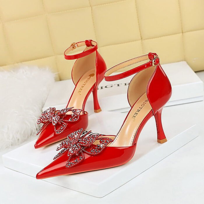 BIGTREE SHOES 8323-h22 European and American Style Fashion Banquet Hollow High Heels Patent Leather Low-Cut Pointed Toe Rhinestone Bow Women's Shoes - Image 3