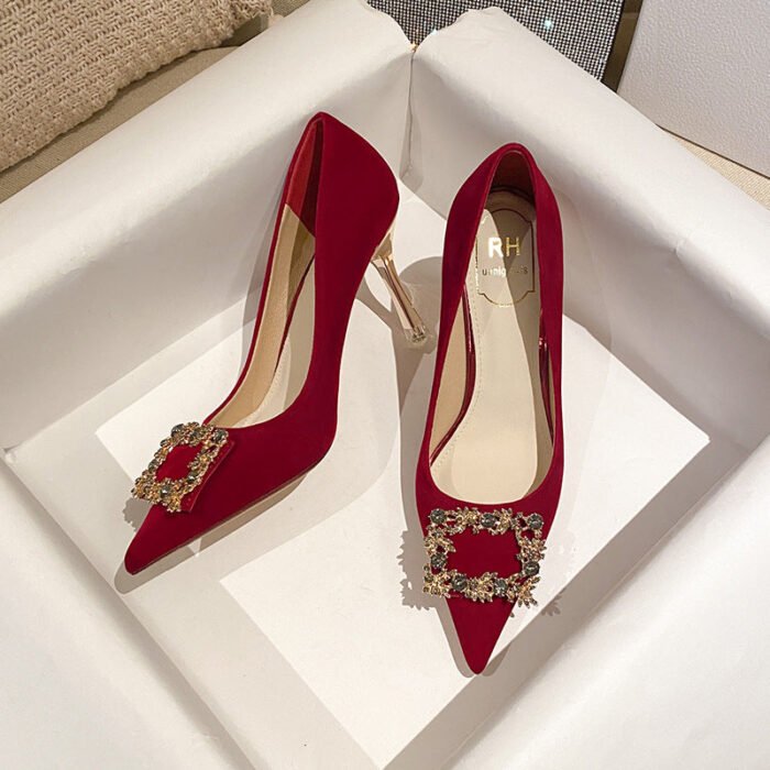 Runnig heels C888-31 Red Wedding Shoes Bridal Shoes High-Grade Pointed Wedding Shoes - Image 5