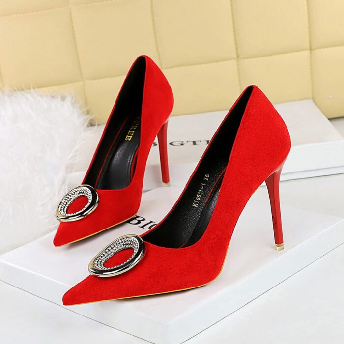 BIGTREE SHOES 9511-k61 banquet women's shoes pedicure slimming super high heel suede shallow mouth pointed-toe metal rhinestone buckle pumps high heel - Image 4