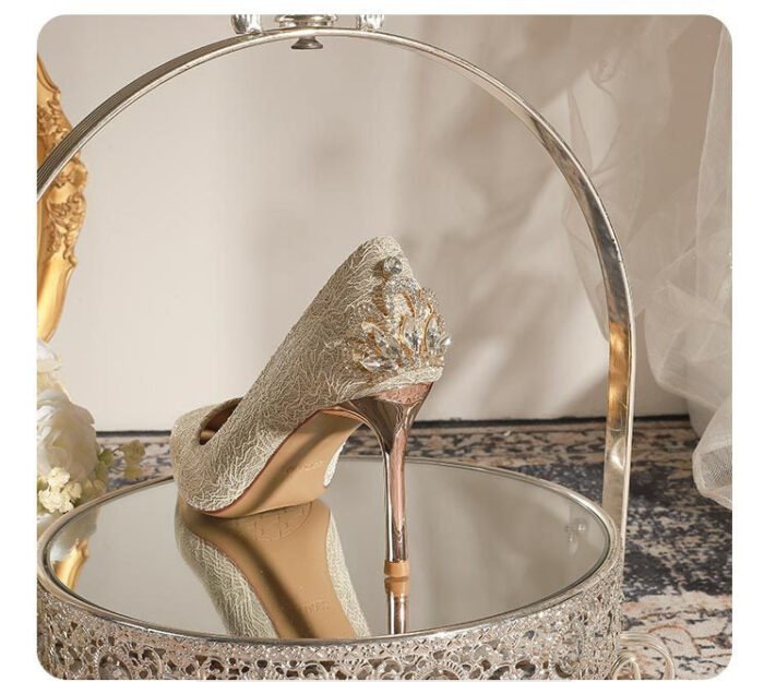 840-1 Heel Rhinestone Crown French Lace Wedding Shoes Bridal Shoes High Heel Shoes Niche High-Grade Stiletto Heel Pumps - Image 11
