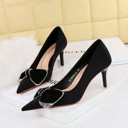 Bigtree Shoes 18249-Ah31 European and American Style Fashion High Heels Stiletto Heel Banquet Women's Shoes Shallow Mouth Pointed Rhinestone Bow Single Shoes