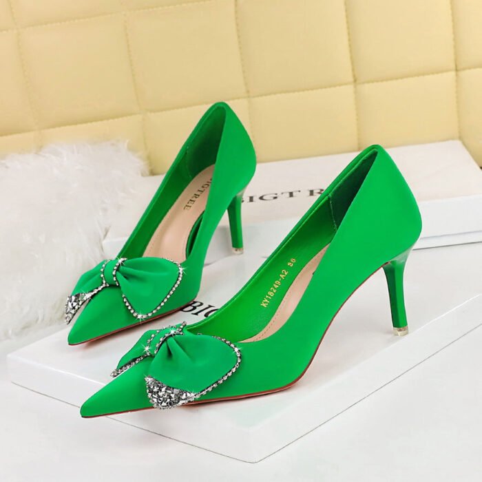 Bigtree Shoes 18249-Ah31 European and American Style Fashion High Heels Stiletto Heel Banquet Women's Shoes Shallow Mouth Pointed Rhinestone Bow Single Shoes - Image 3