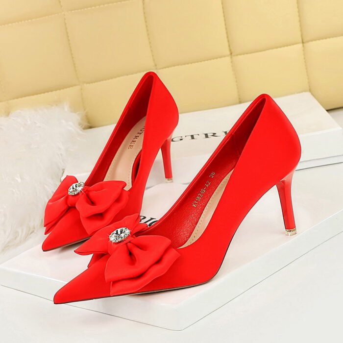 Bigtree shoes 18249-ah33 Korean style banquet women's shoes high heels stiletto low-cut pointed toe satin bow pumps wedding shoes - Image 1