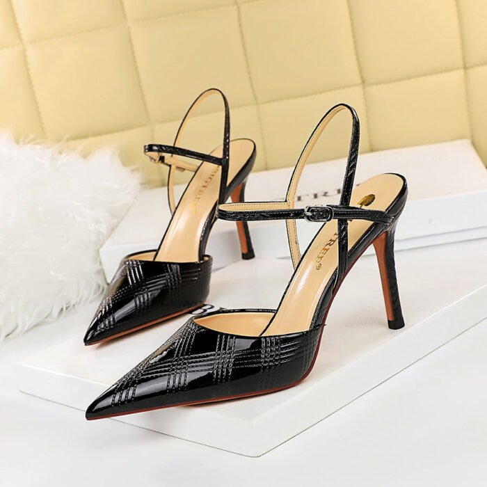 221-6 European and American Sexy Nightclubs Thinner Stiletto Heel Embroidery Thread Patent Leather Low-Cut Pointed Toe Hollow-out Strap Sandals - Image 1