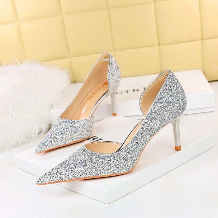8829-A3 European and American Style Sexy Nightclubs Thinner Series Heel High Heel Low-Cut Pointed Side Hollow Sparkle Sequins Pumps - Image 2