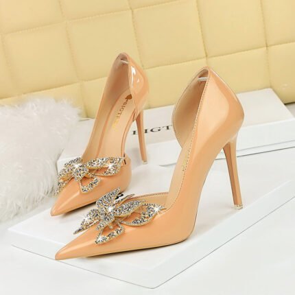 BIG TREE SHOES 638-H22 European and American Banquet High Heels Stiletto Heel Shallow Mouth Pointed Toe Rhinestone Bow Side Hollow out Super High Heel Shoes